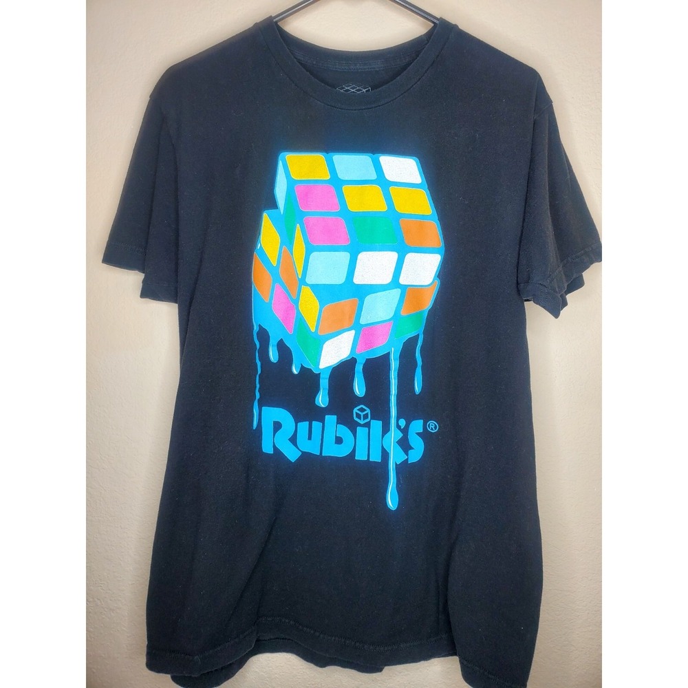Rubik's Dripping Cube Men's Graphic T-Shirt Size L 80s Retro Black & Neon Colors